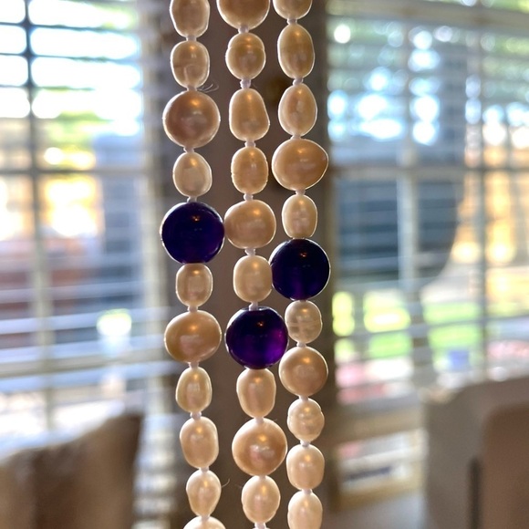 Triple strand cultured pearl & lapis necklace 20” classic old money timeless - Picture 12 of 13